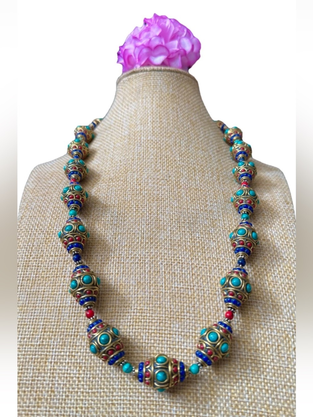 Chunky Ethnic Tibetan Design Handmade Beaded Bronze Silver Necklace Inlay Stones